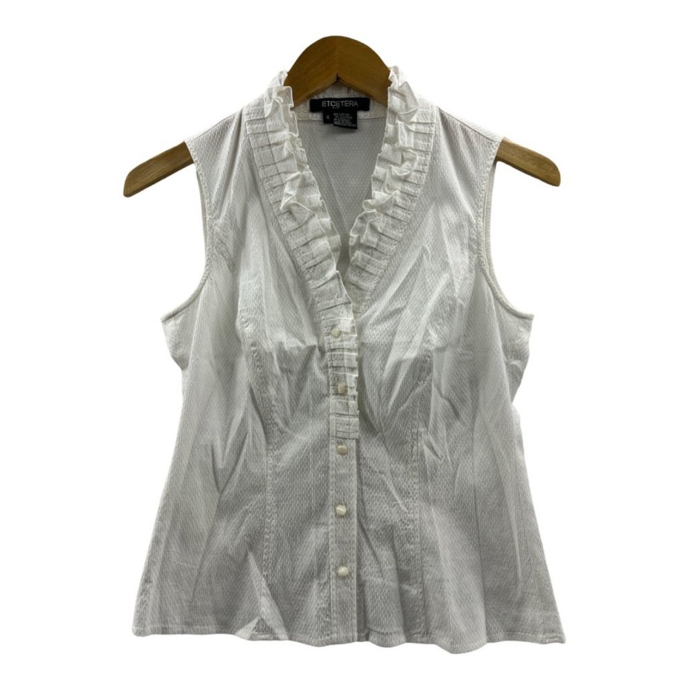 Etcetera Womens Button Front Shirt White Textured Sleeveless V Neck Stretch 4
